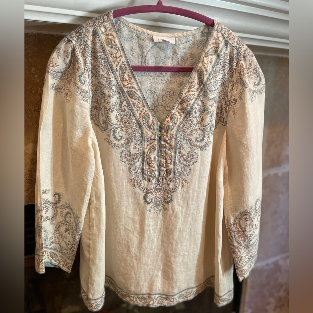 NWOT J. Jill Love Linen Cream Paisley embroidered print v neck Blouse S